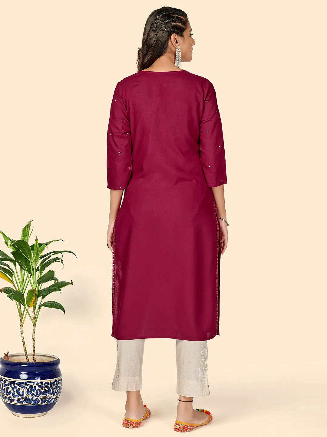 Women'S Dark Pink Embroidered Kurta- (1Pc Set)