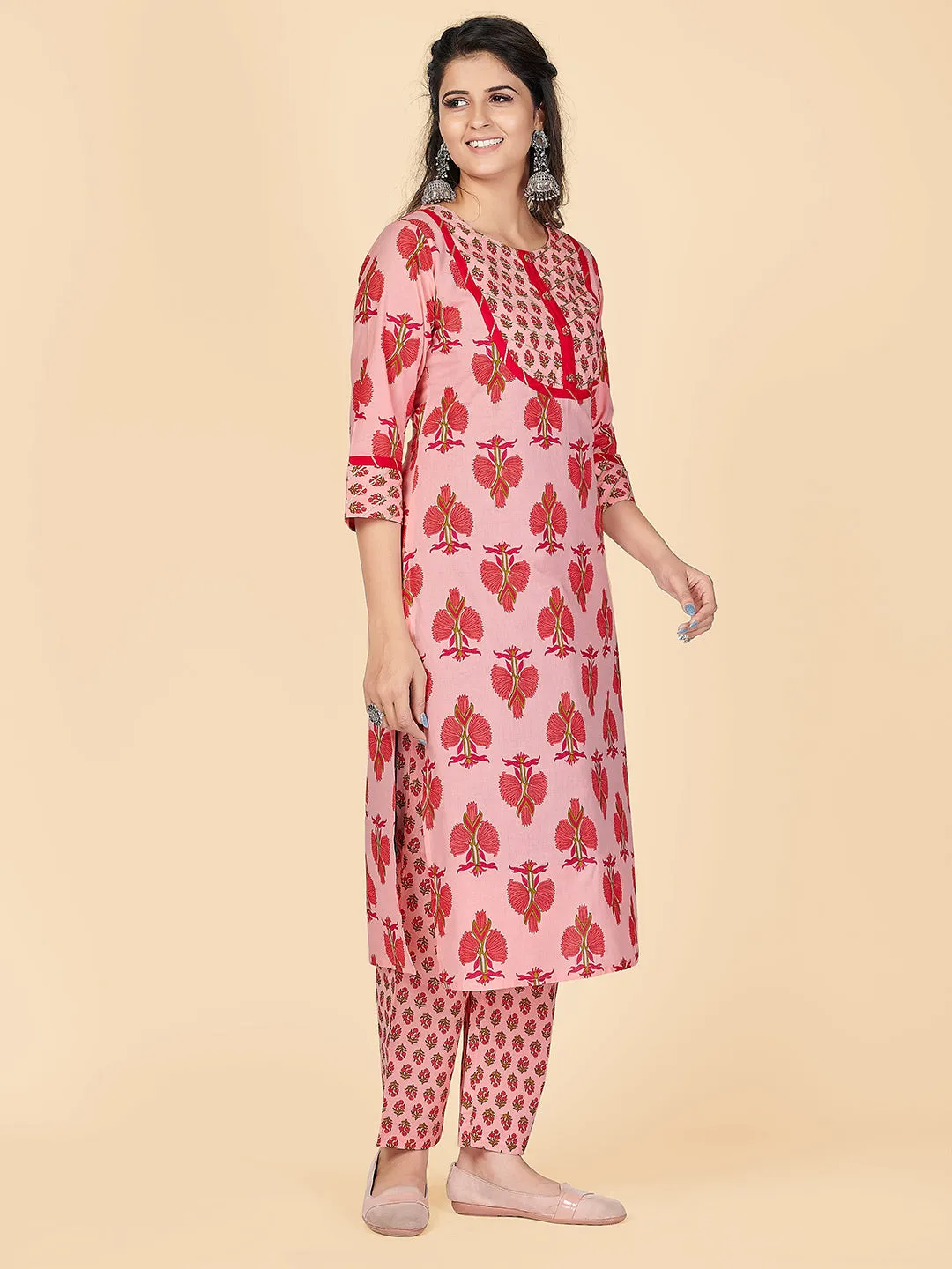 Women'S Printed Light Pink Kurta & Pant- (2Pcs Set)