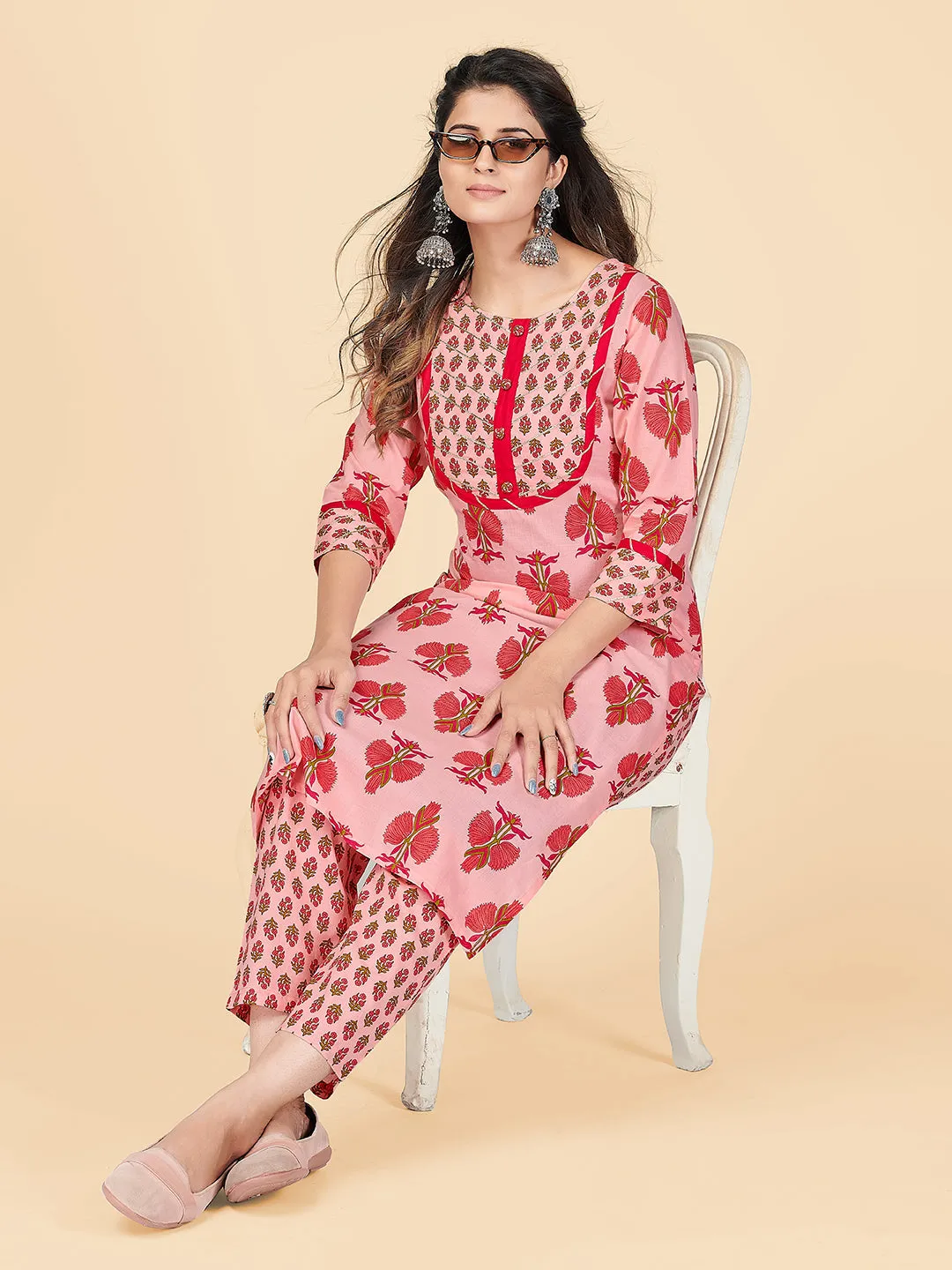 Women'S Printed Light Pink Kurta & Pant- (2Pcs Set)