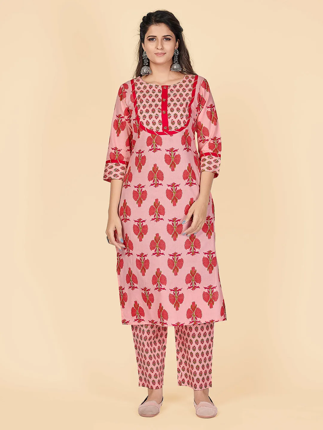 Women'S Printed Light Pink Kurta & Pant- (2Pcs Set)