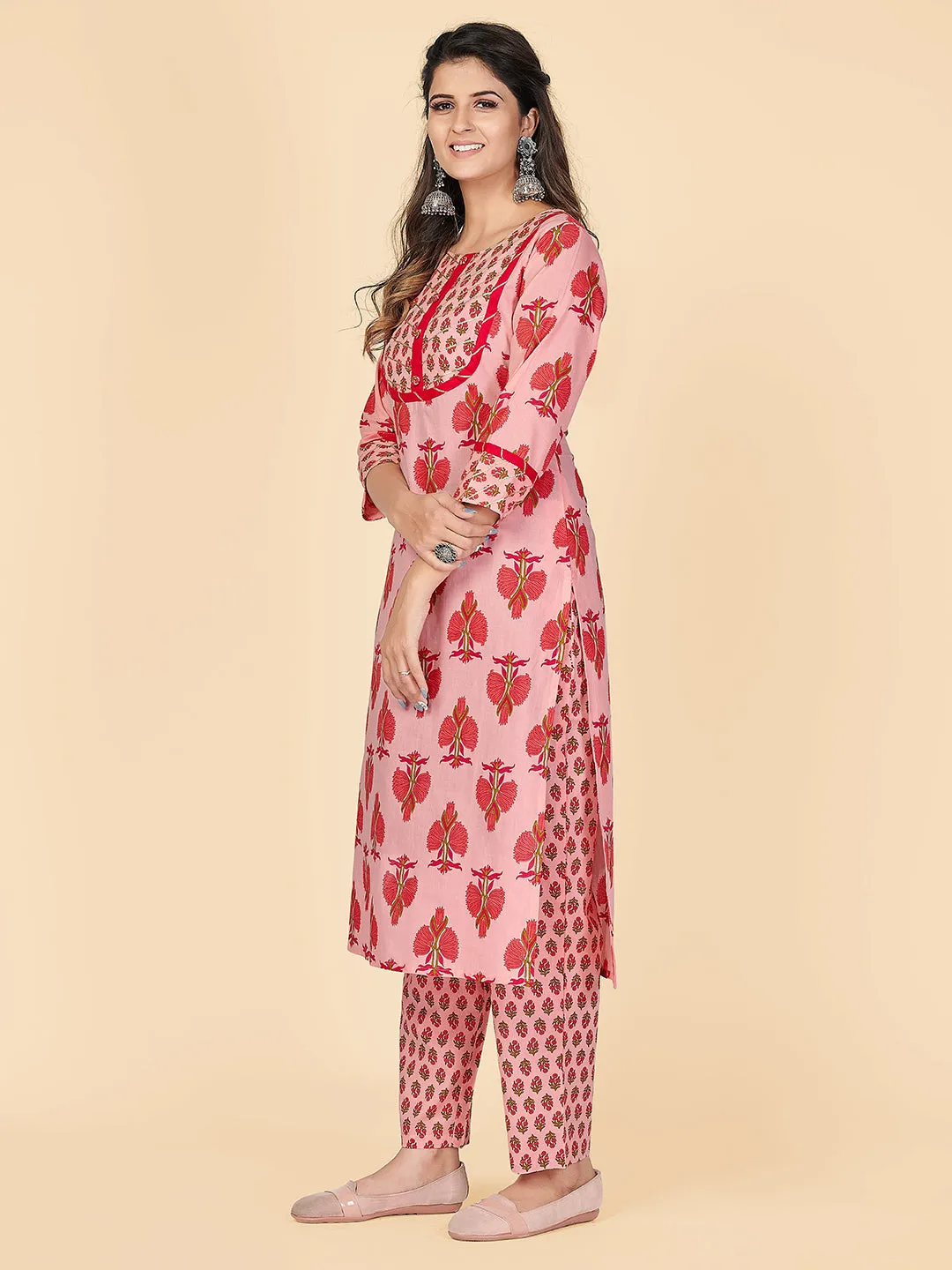 Women'S Printed Light Pink Kurta & Pant- (2Pcs Set)