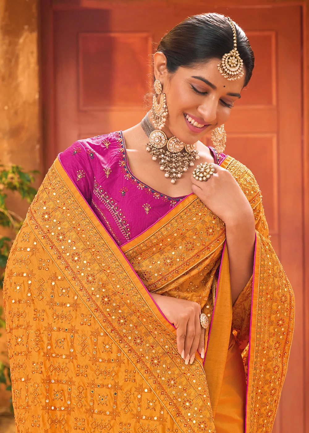 Yellow Hand Work Embroidered Traditional Banarasi Silk Saree